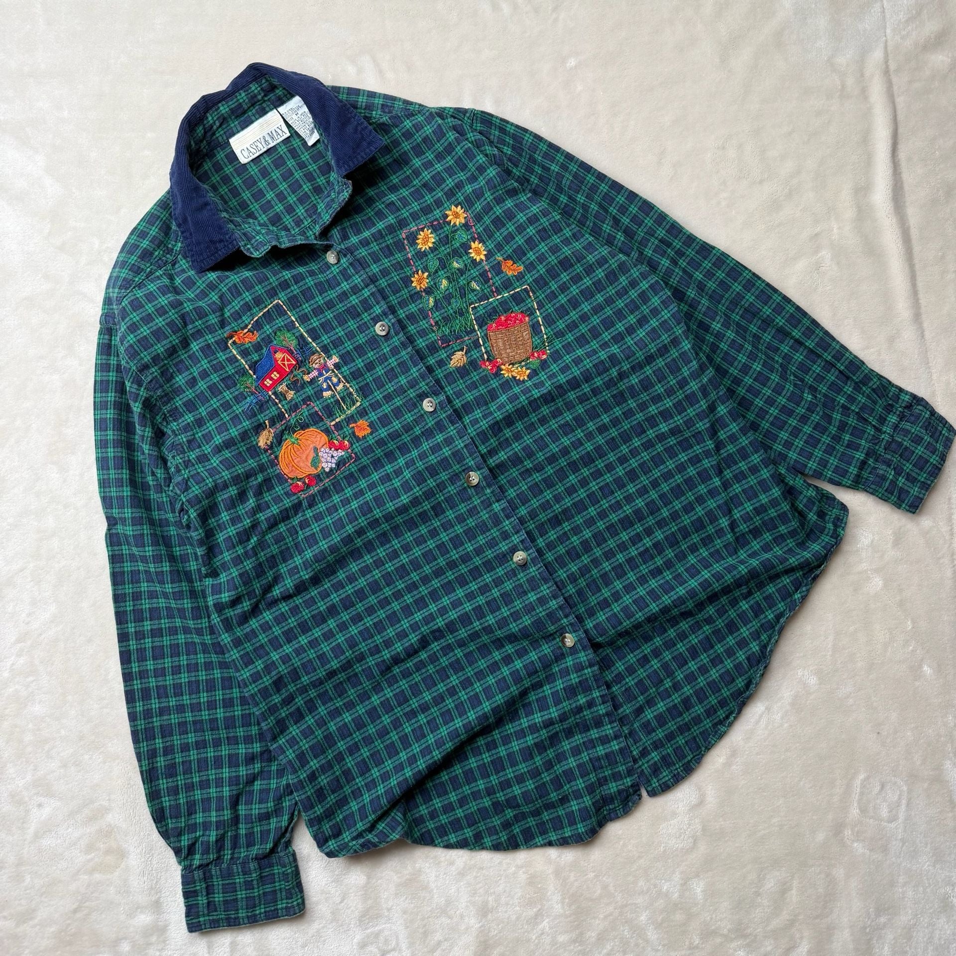 1990’s Casey & Max Embroidered Plaid Flannel Shirt Size M Green Corduroy Collar 2