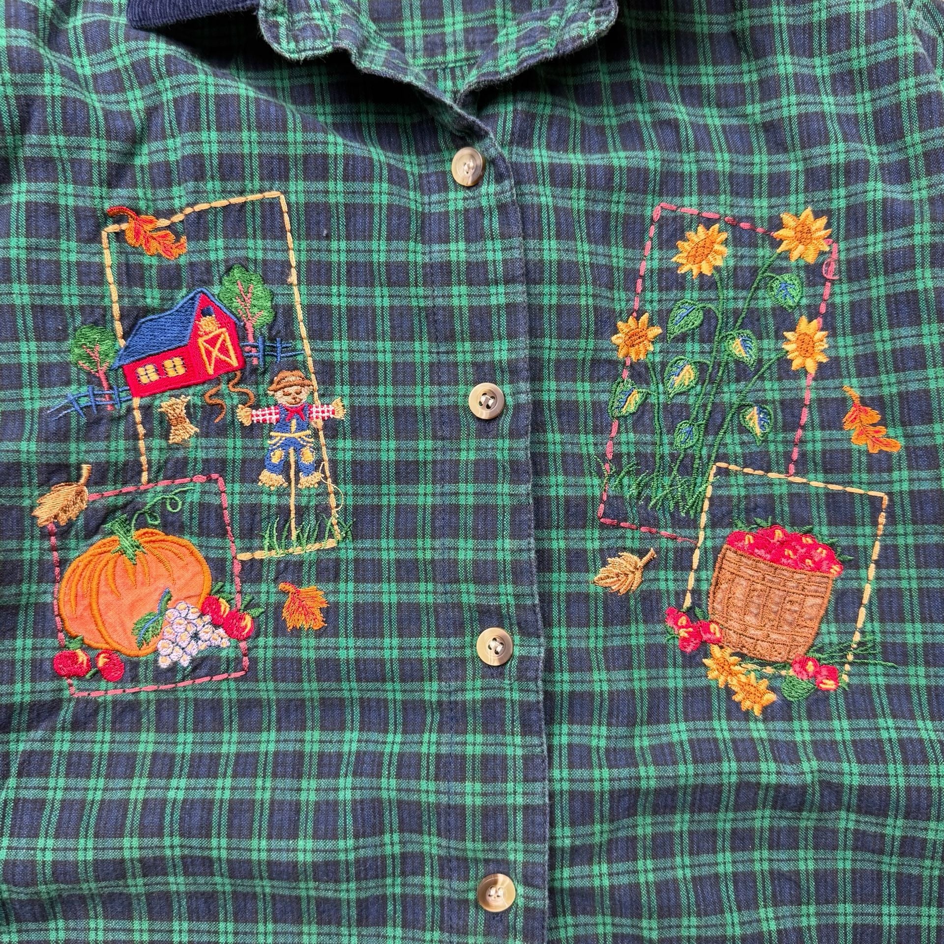1990’s Casey & Max Embroidered Plaid Flannel Shirt Size M Green Corduroy Collar 3