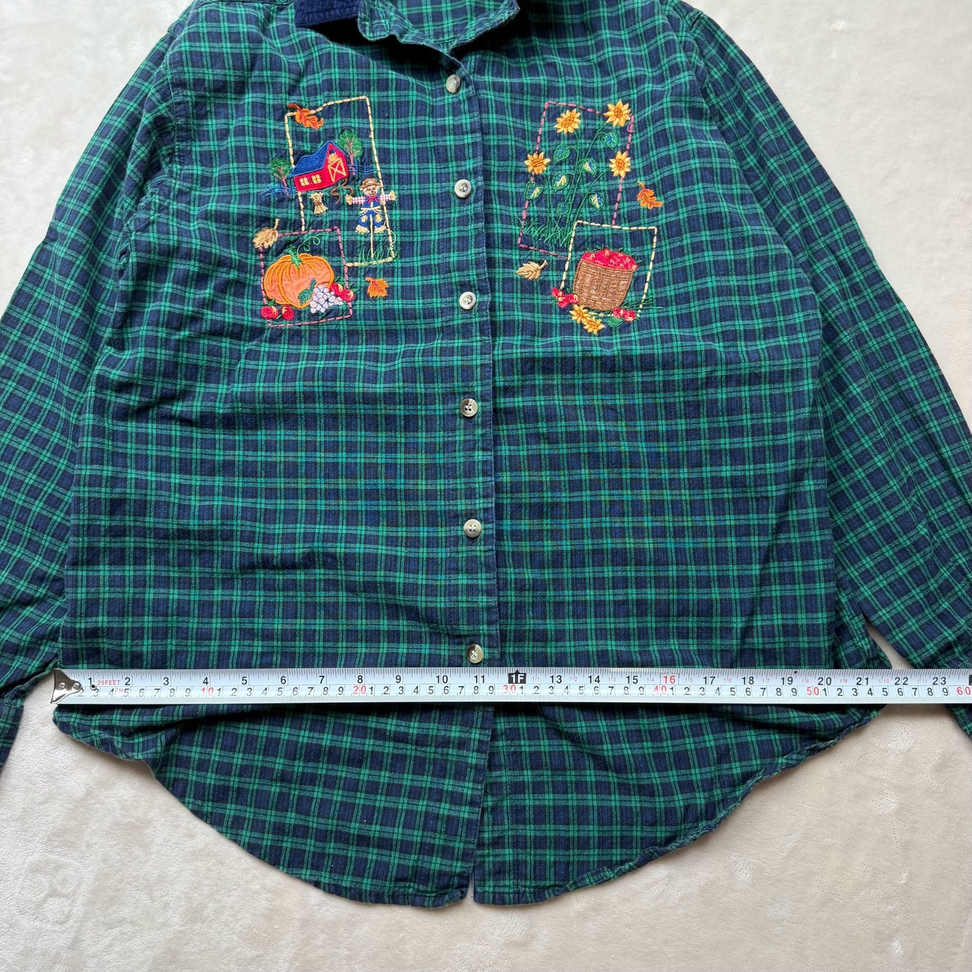1990’s Casey & Max Embroidered Plaid Flannel Shirt Size M Green Corduroy Collar 5