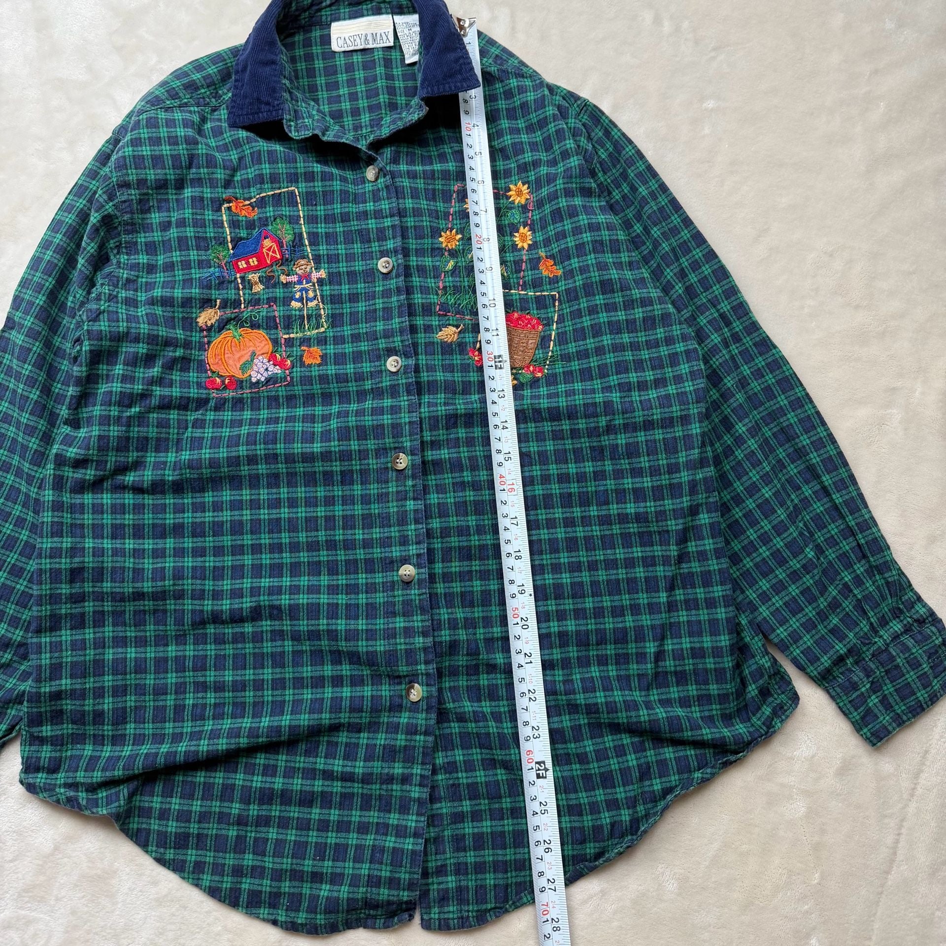 1990’s Casey & Max Embroidered Plaid Flannel Shirt Size M Green Corduroy Collar 6