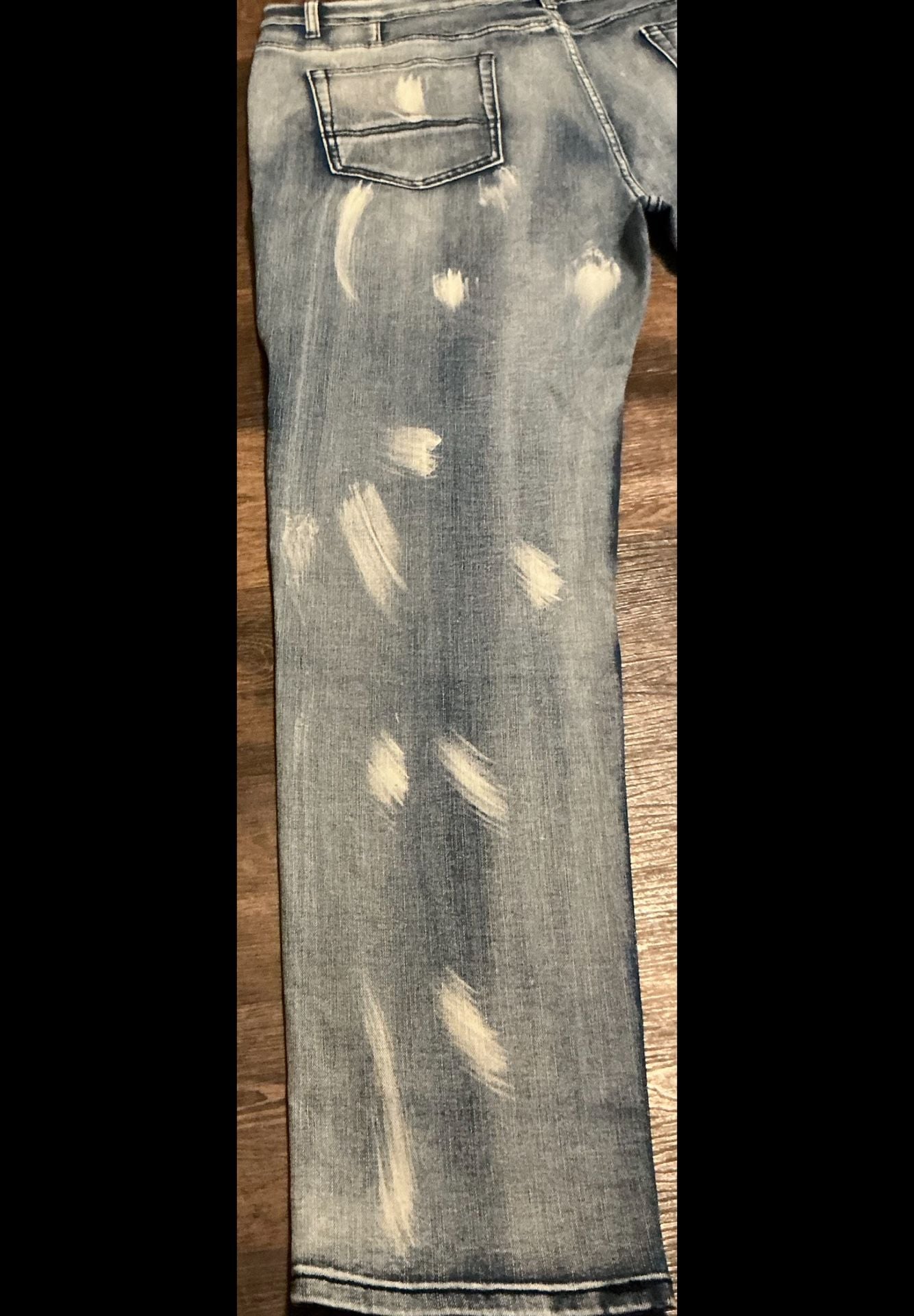 Wiwlskb Biker Jeans Size 40 Distressed Light Wash Paint Splatter 7