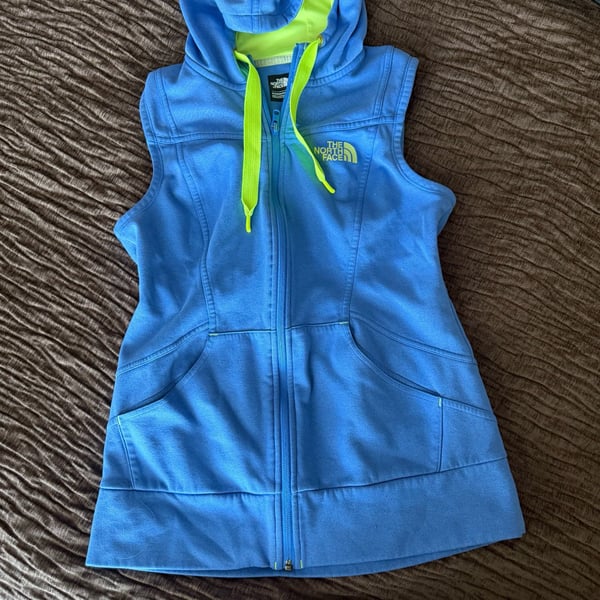 The North Face Fleece Hooded Vest Size S/P Blue Neon Yellow Full Zip