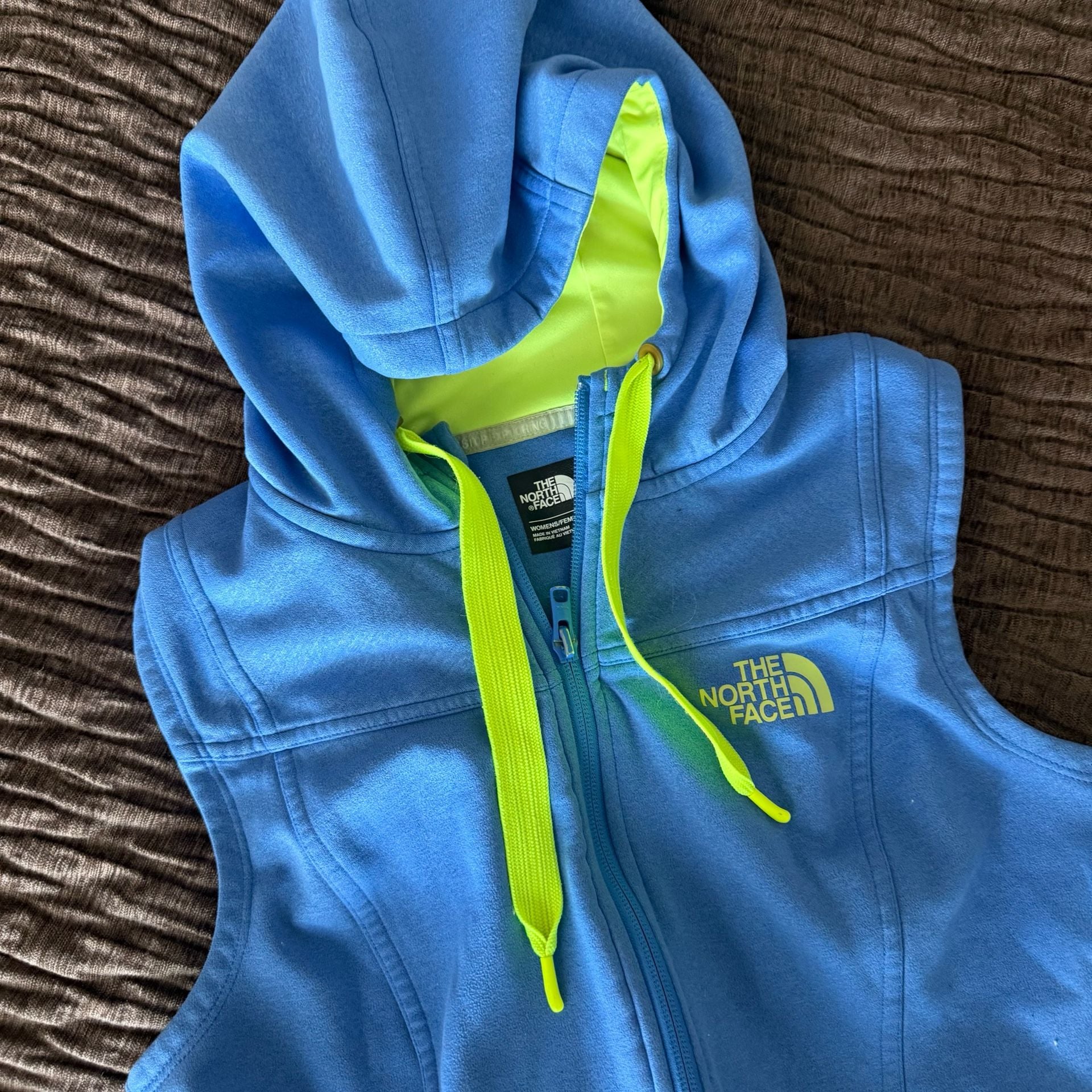 The North Face Fleece Hooded Vest Size S/P Blue Neon Yellow Full Zip 6