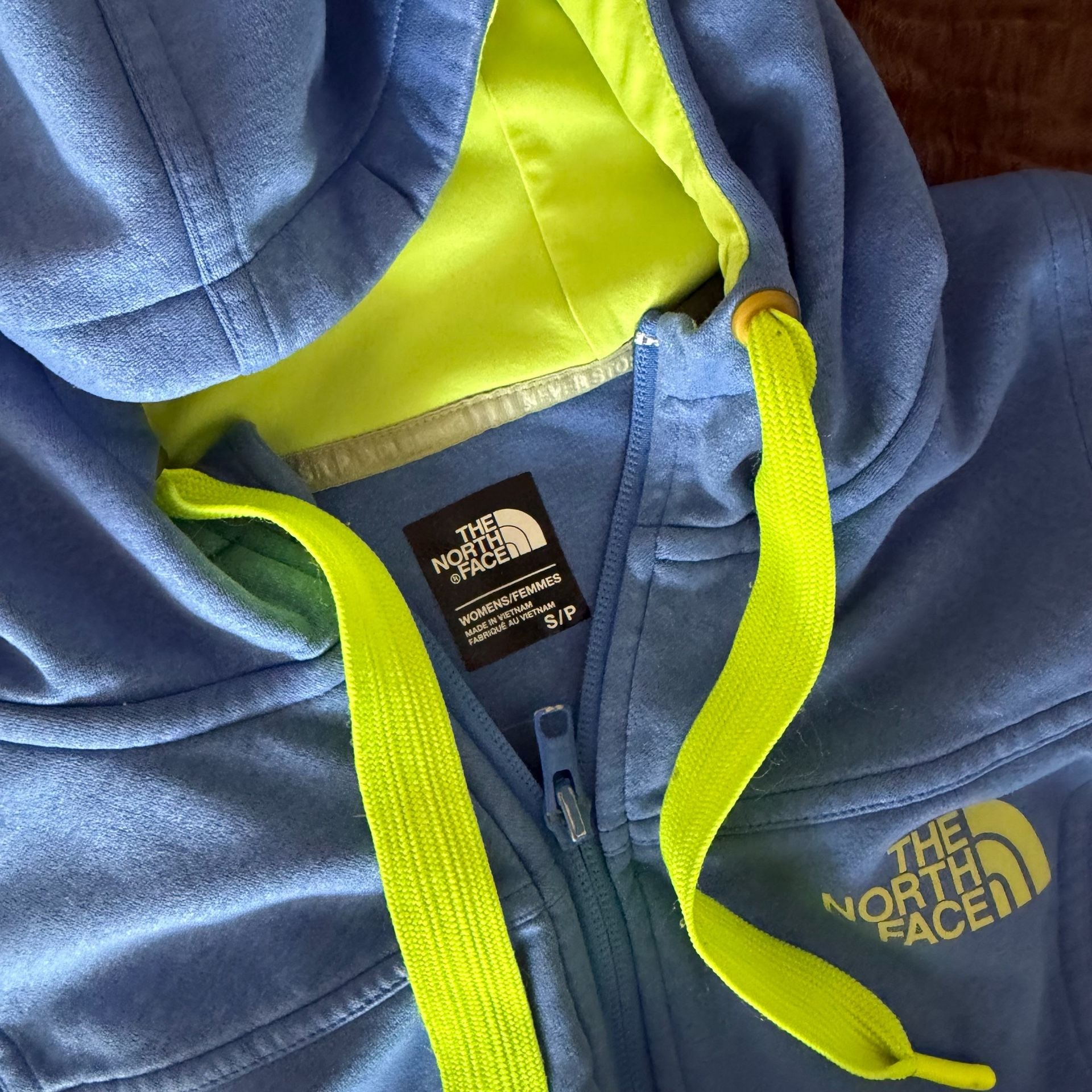 The North Face Fleece Hooded Vest Size S/P Blue Neon Yellow Full Zip 3