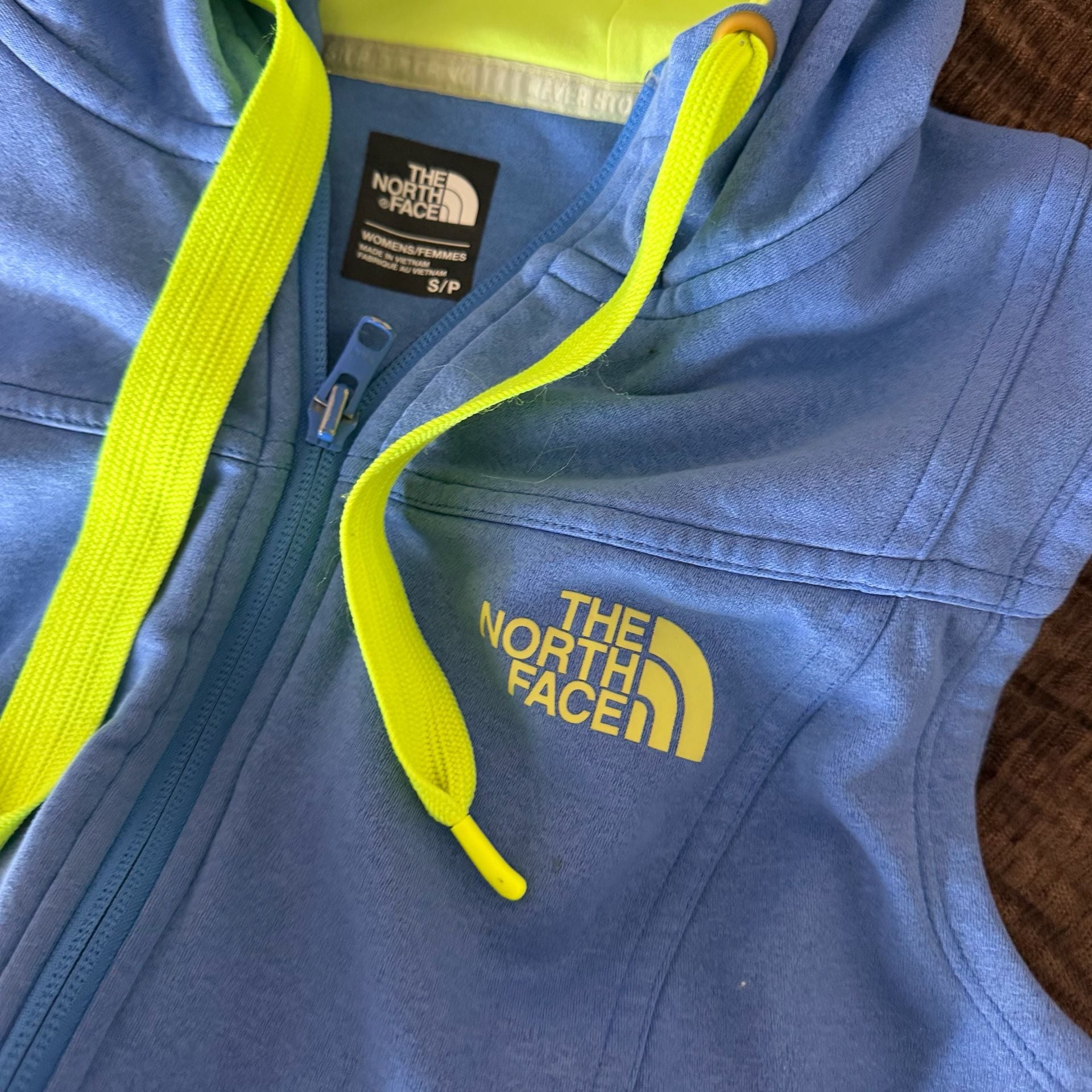 The North Face Fleece Hooded Vest Size S/P Blue Neon Yellow Full Zip 5