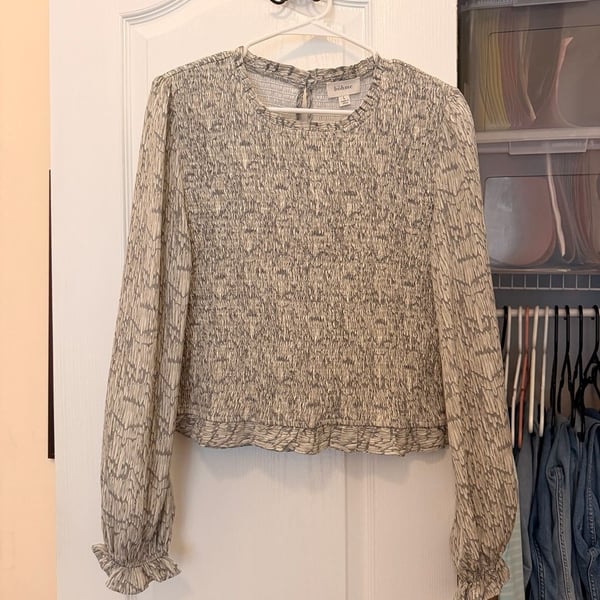 Bohme Smocked Blouse Size L Grey Beige Long Sleeve Snakeskin Print Top