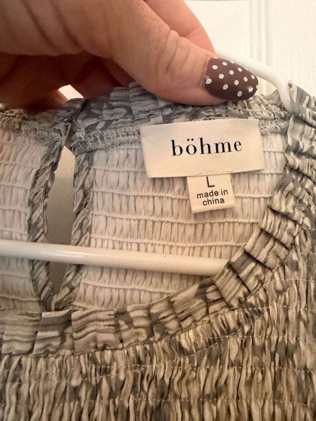 Bohme Smocked Blouse Size L Grey Beige Long Sleeve Snakeskin Print Top 4