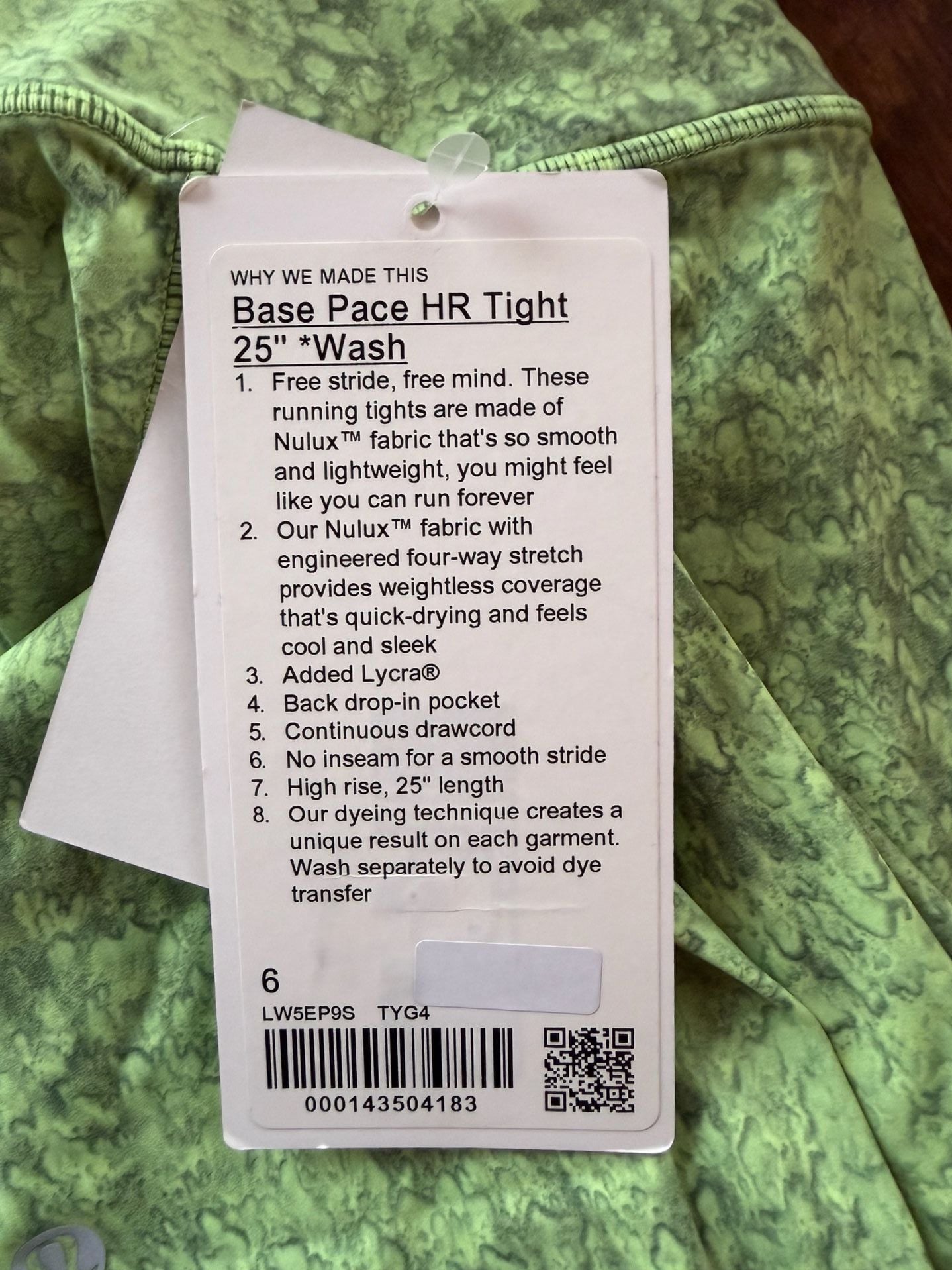 Lululemon Base Pace HR Tight 25" Wash Size 6 Green Nulux Leggings New 3