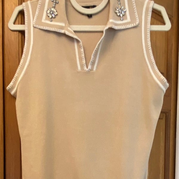 Ontwelfth Sleeveless Polo Top Size L Beige Rhinestone Embellished