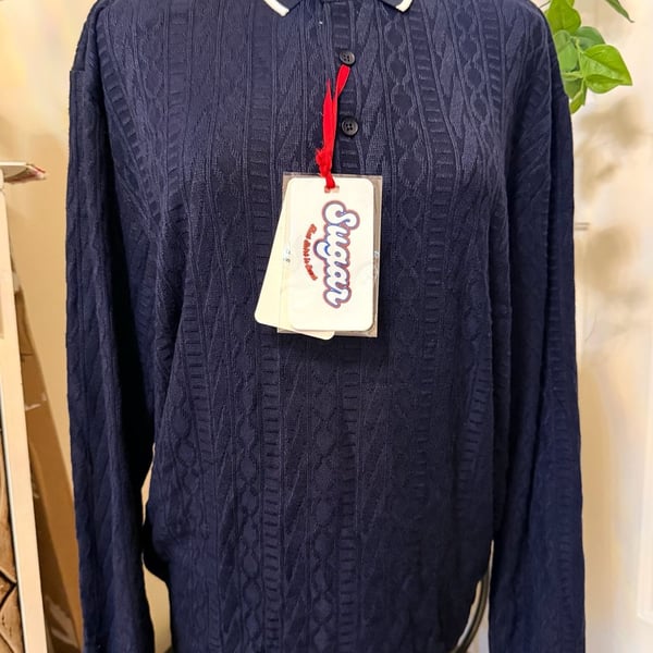 Sugar Long Sleeve Jacquard Knit Polo Shirt Navy