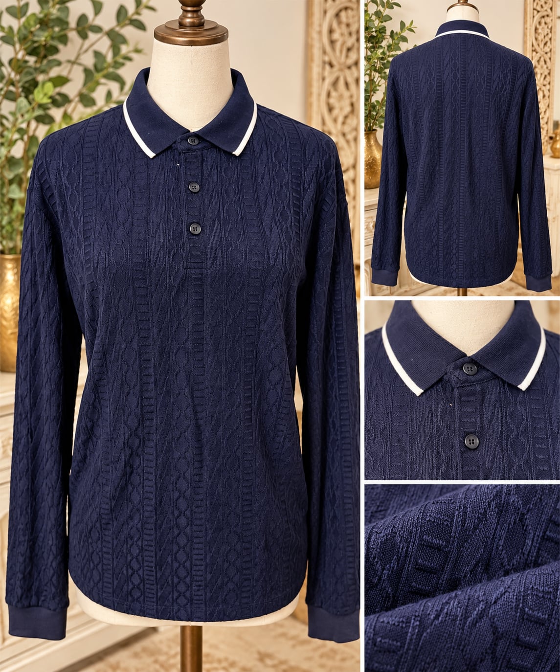 Sugar Long Sleeve Jacquard Knit Polo Shirt Navy 7