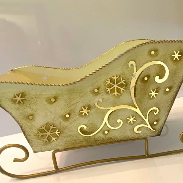Vintage Christmas Metal Sleigh Tabletop Centerpiece White Gold Snowflakes
