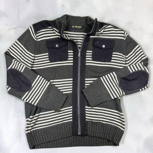 Stacy Adams Full Zip Sweater Jacket Size 2XL Gray Striped Mock Neck