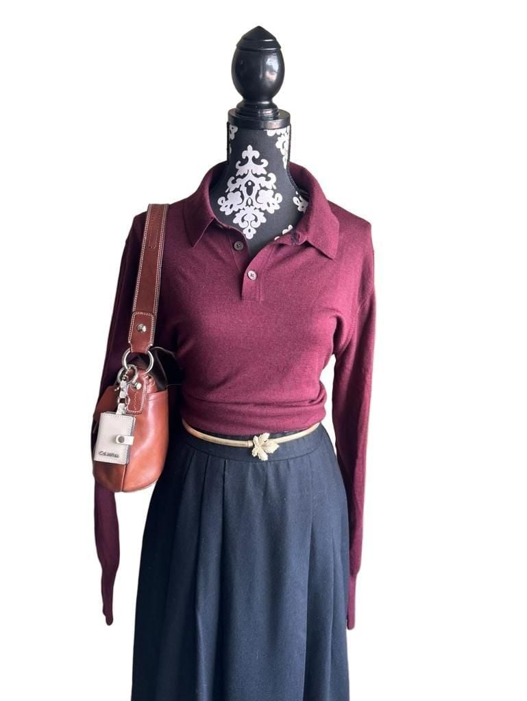 Jigsaw Women's Burgundy 100% Wool Long Sleeve Polo Sweater Size M 2