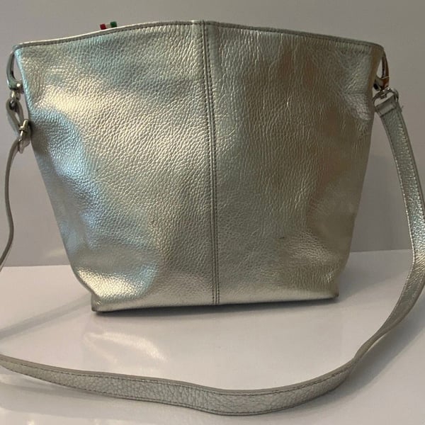 Italian Leather Metallic Silver Crossbody Bag Hobo Purse