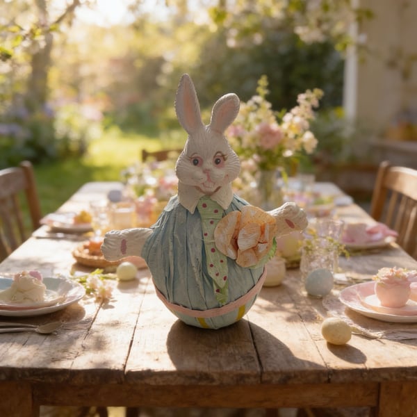 Vintage Crepe Paper Mache Easter Bunny Figurine Blue Egg With Flower