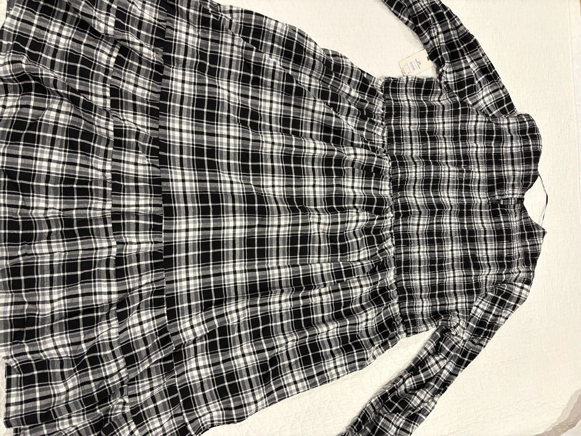 Terra & Sky Women’s 3X Black White Plaid Tiered Maxi Dress Long Sleeve NWT 9