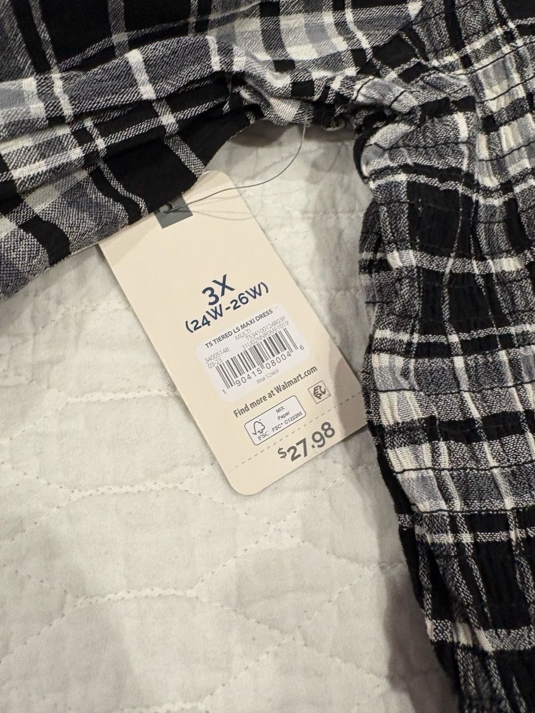 Terra & Sky Women’s 3X Black White Plaid Tiered Maxi Dress Long Sleeve NWT 12