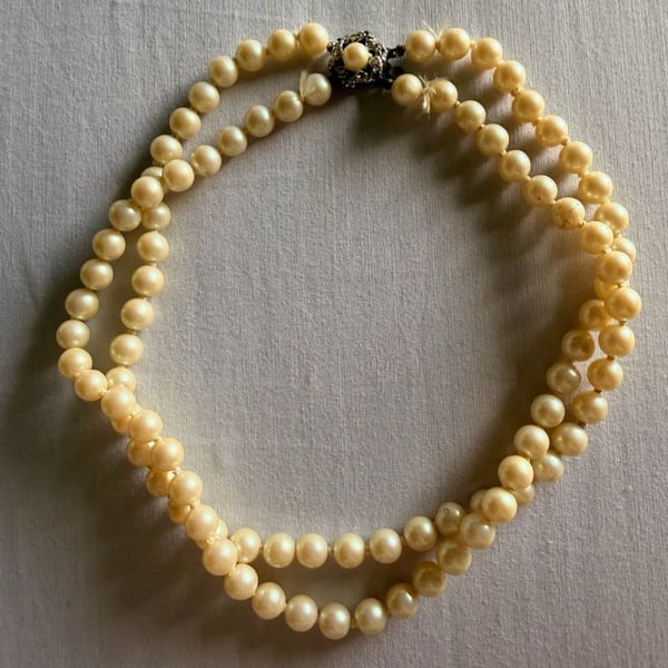 Vintage Double Strand Faux Pearl Necklace Rhinestone