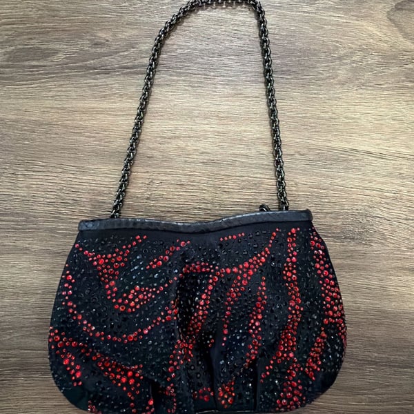 Giuseppe Zanotti Beaded Shoulder Bag Black Red Rhinestone Chain Strap