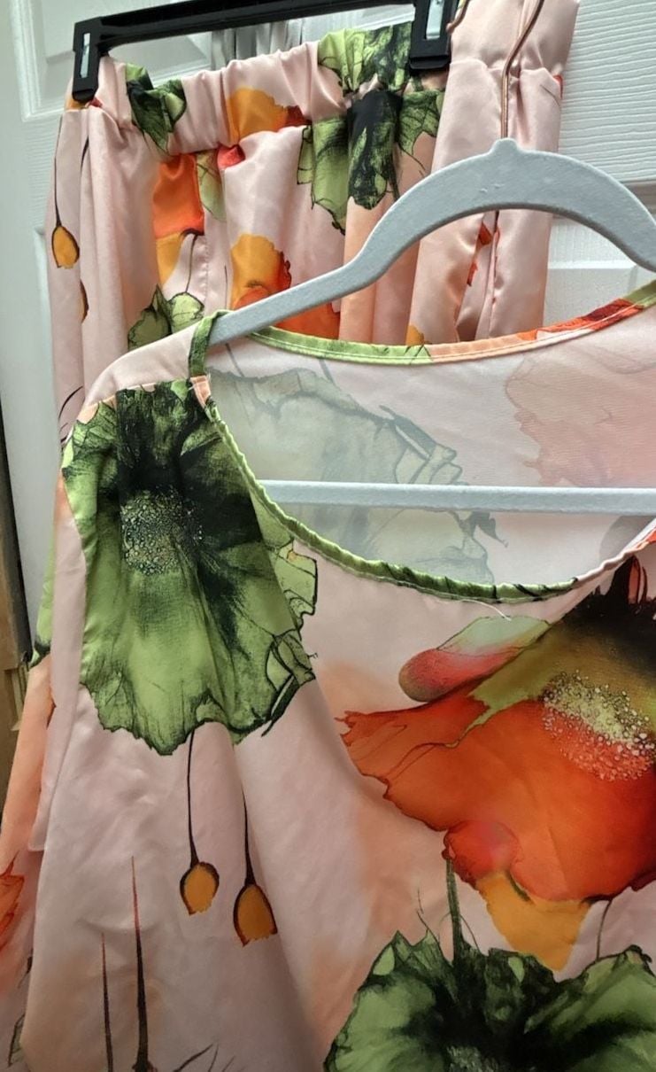 Two Piece Floral Satin Top and Pants Set Pink Orange 1