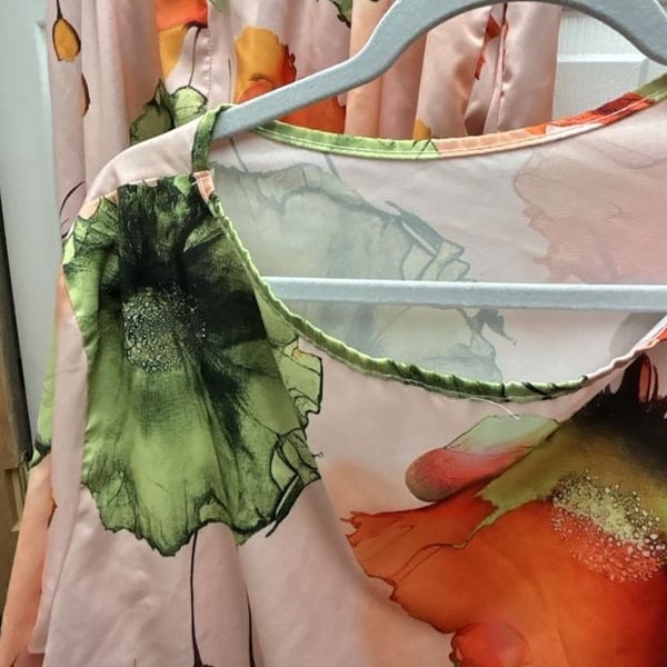 Two Piece Floral Satin Top and Pants Set Pink Orange