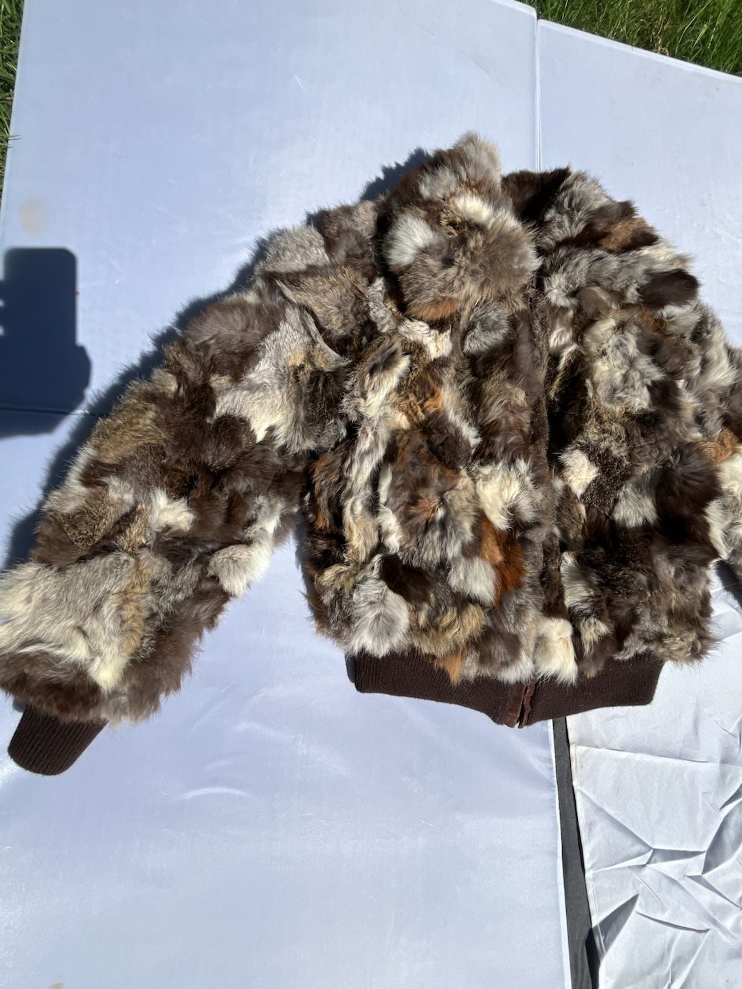 Vintage Rabbit Fur Bomber Jacket Brown Patchwork Real Fur Zip Up 3