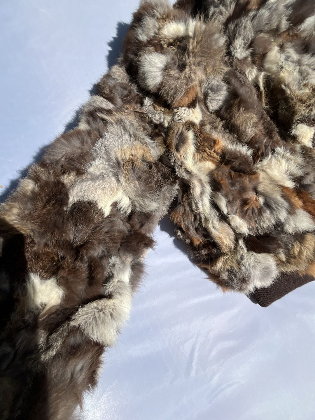 Vintage Rabbit Fur Bomber Jacket Brown Patchwork Real Fur Zip Up 4