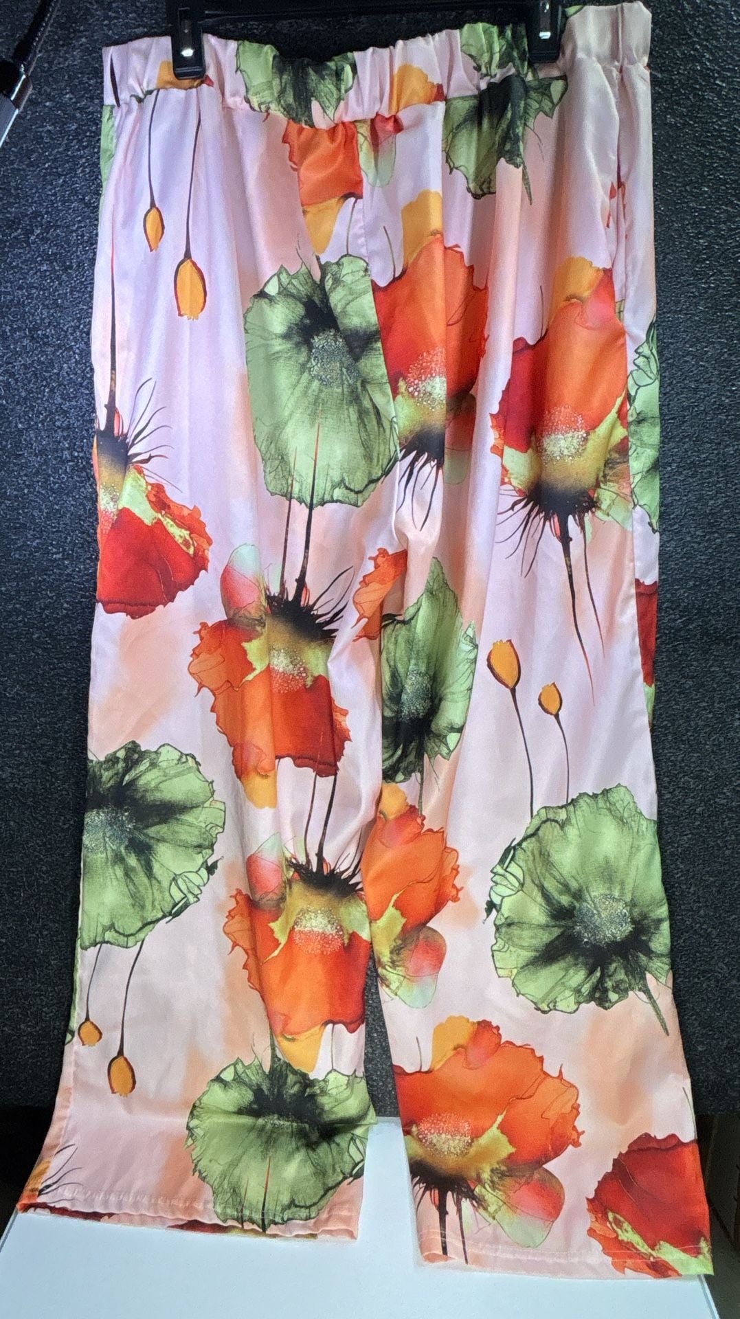 Two Piece Floral Satin Top and Pants Set Pink Orange 6