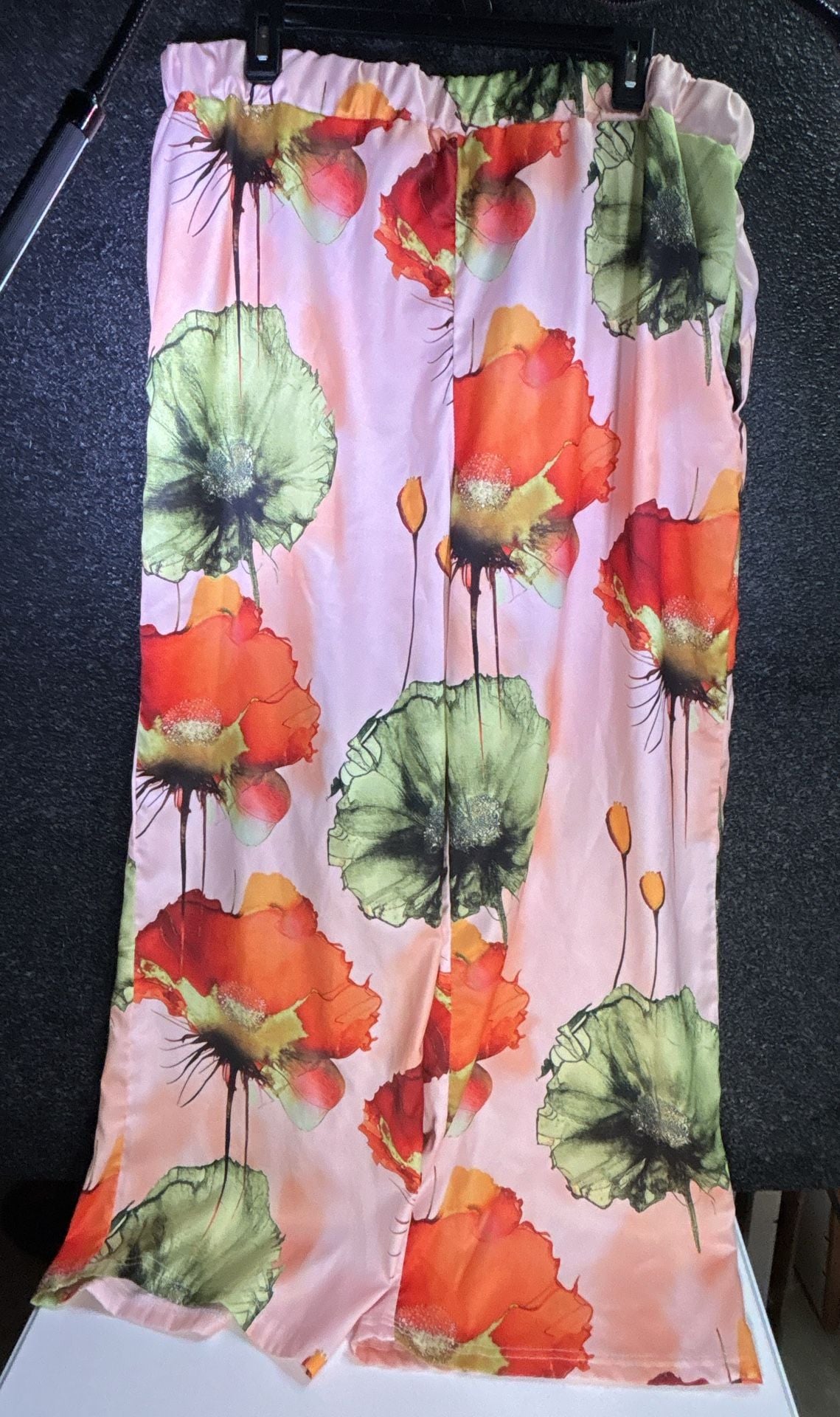 Two Piece Floral Satin Top and Pants Set Pink Orange 8