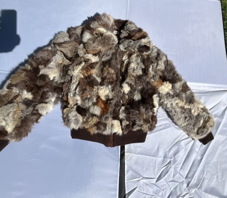 Vintage Rabbit Fur Bomber Jacket Brown Patchwork Real Fur Zip Up 2
