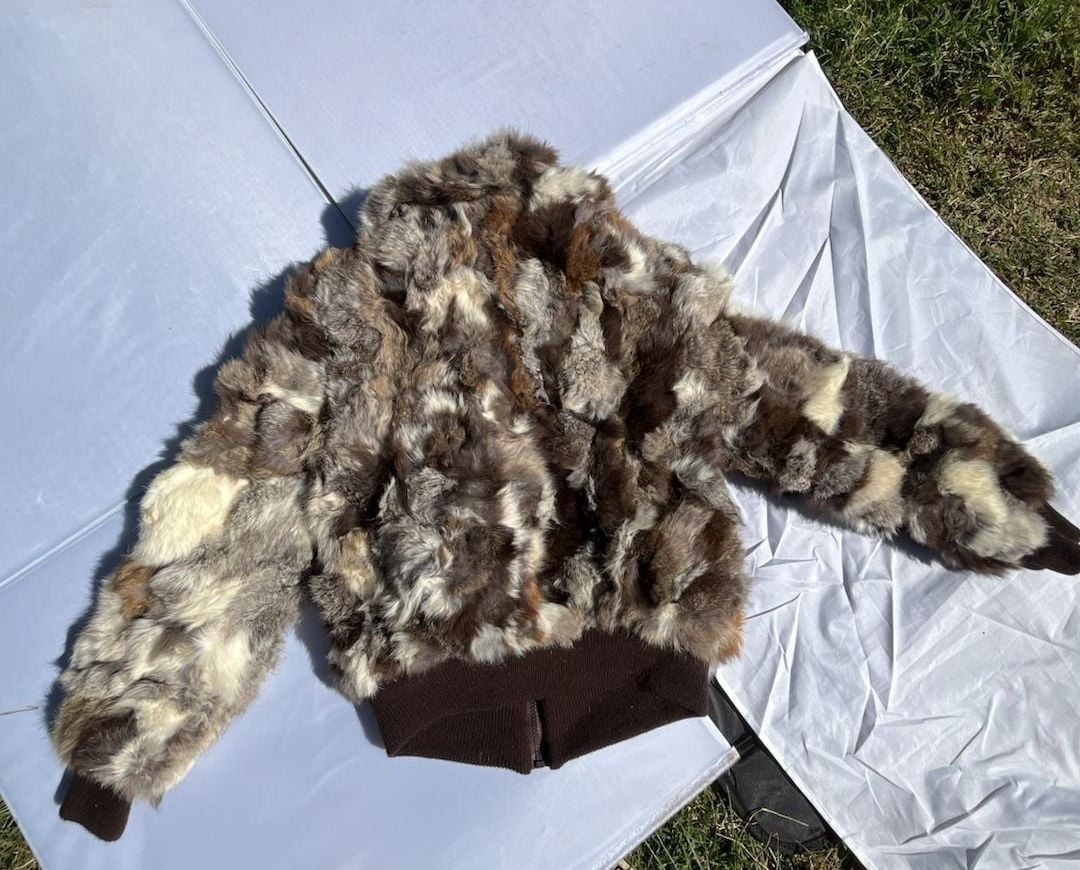 Vintage Rabbit Fur Bomber Jacket Brown Patchwork Real Fur Zip Up 5
