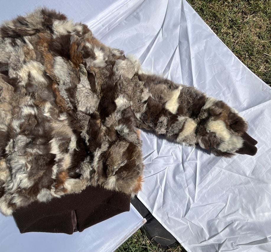 Vintage Rabbit Fur Bomber Jacket Brown Patchwork Real Fur Zip Up 7