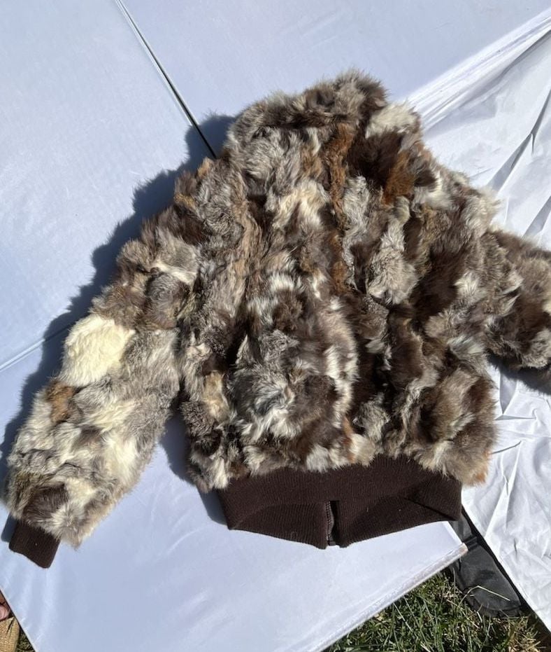 Vintage Rabbit Fur Bomber Jacket Brown Patchwork Real Fur Zip Up 6