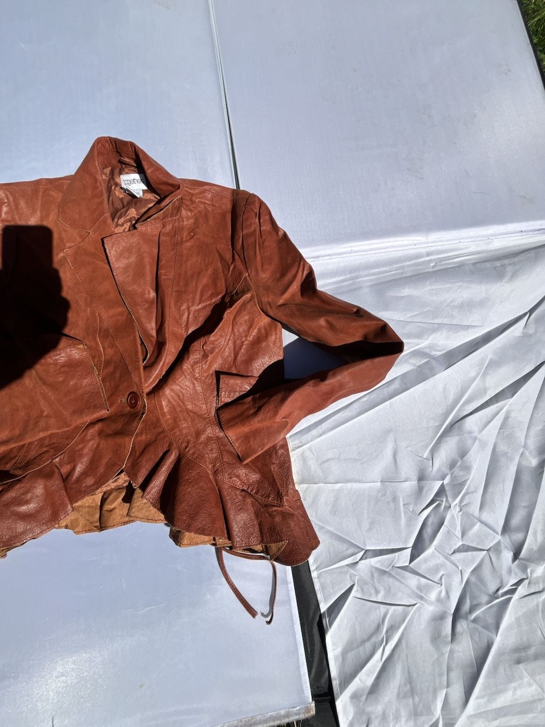 Together Brown Leather Jacket Size 12 Ruffle Hem 3