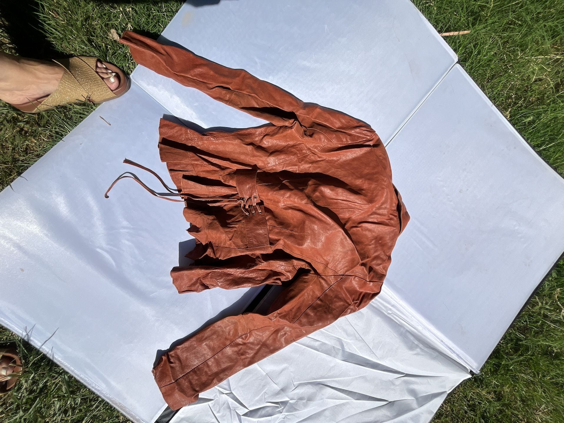 Together Brown Leather Jacket Size 12 Ruffle Hem 5