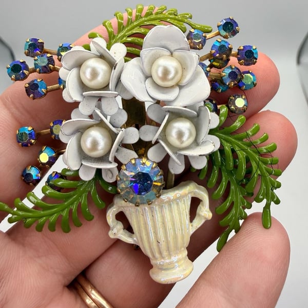 Vintage Enamel Flower Vase Brooch Rhinestone Pearl Pin