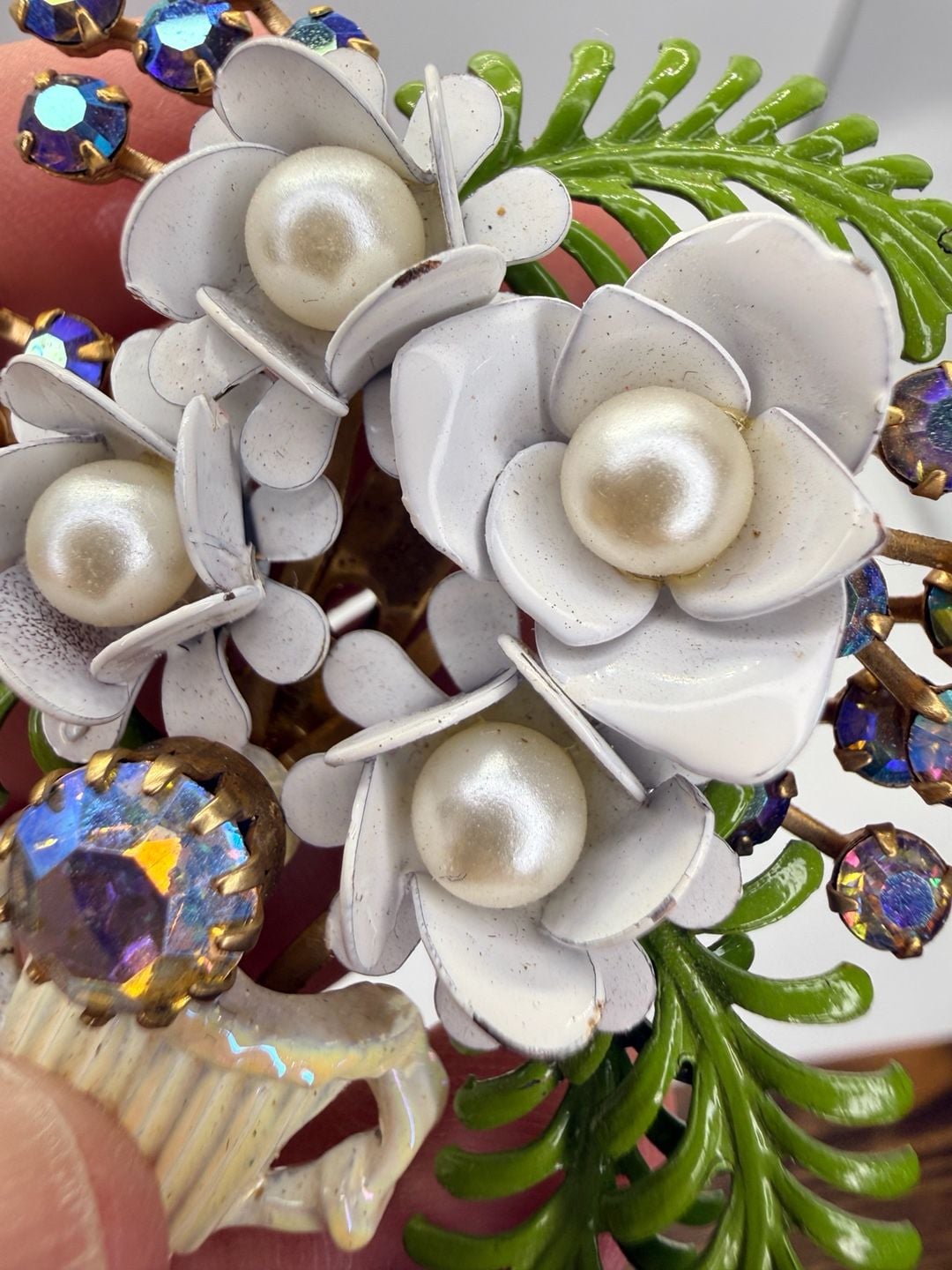 Vintage Enamel Flower Vase Brooch Rhinestone Pearl Pin 13