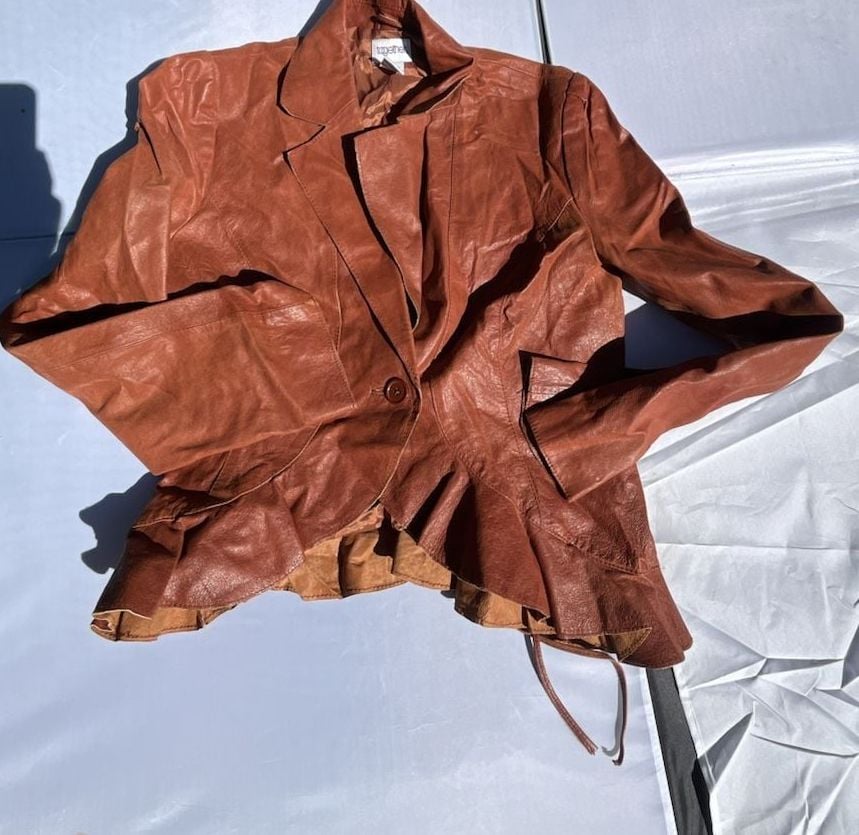 Together Brown Leather Jacket Size 12 Ruffle Hem 1