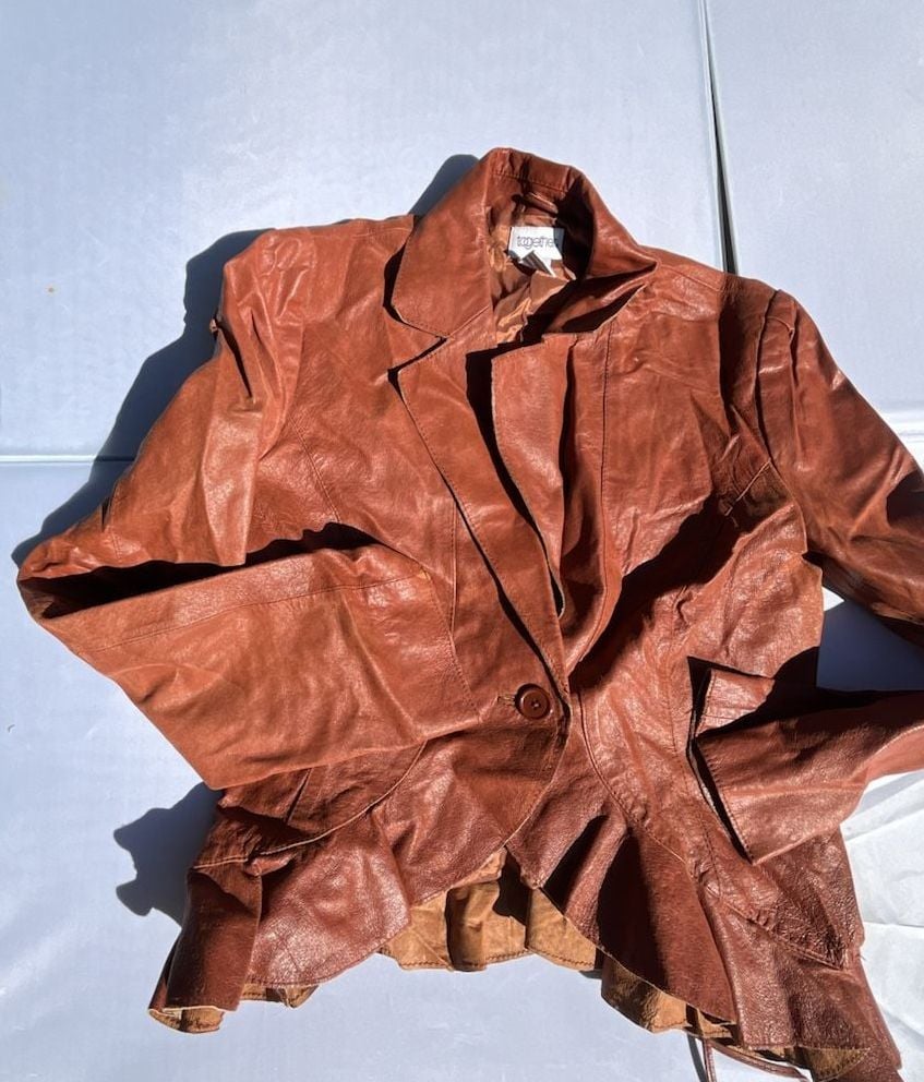 Together Brown Leather Jacket Size 12 Ruffle Hem 2