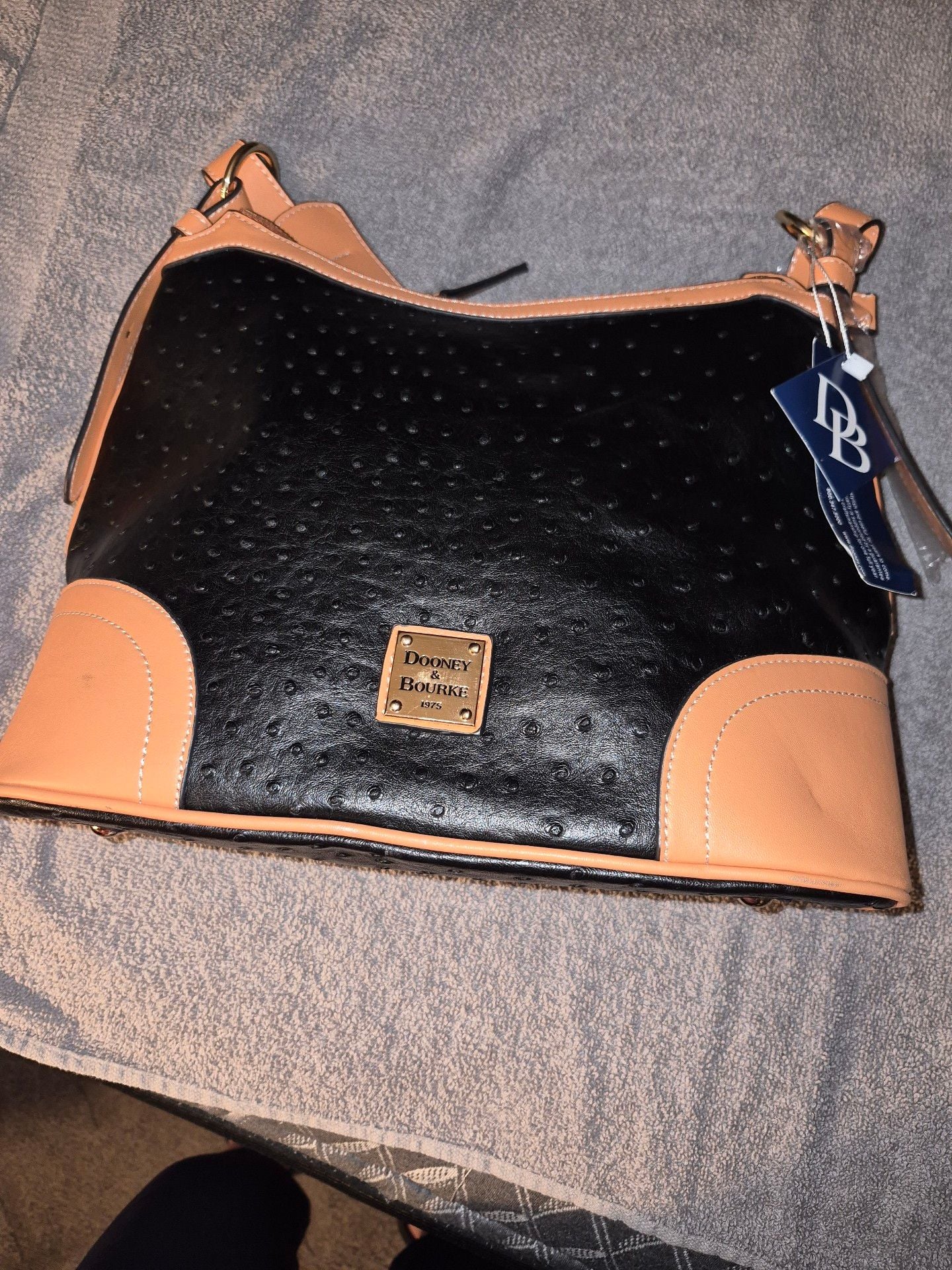 Dooney & Bourke Ostrich Crossbody Hobo Handbag Black Tan 2