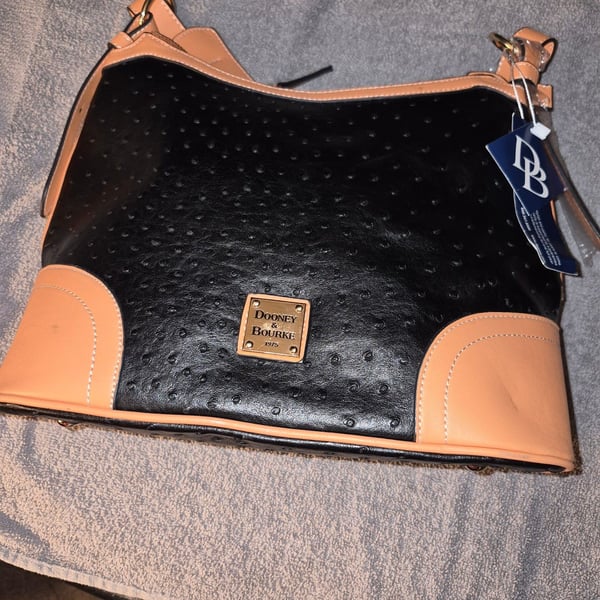 Dooney & Bourke Ostrich Crossbody Hobo Handbag Black Tan