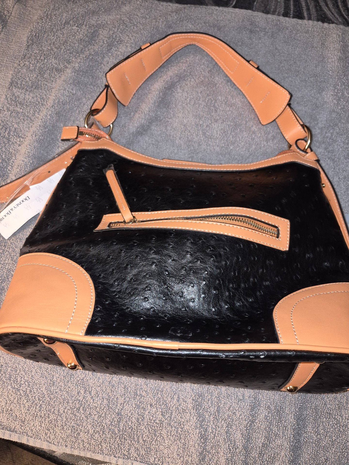 Dooney & Bourke Ostrich Crossbody Hobo Handbag Black Tan 3