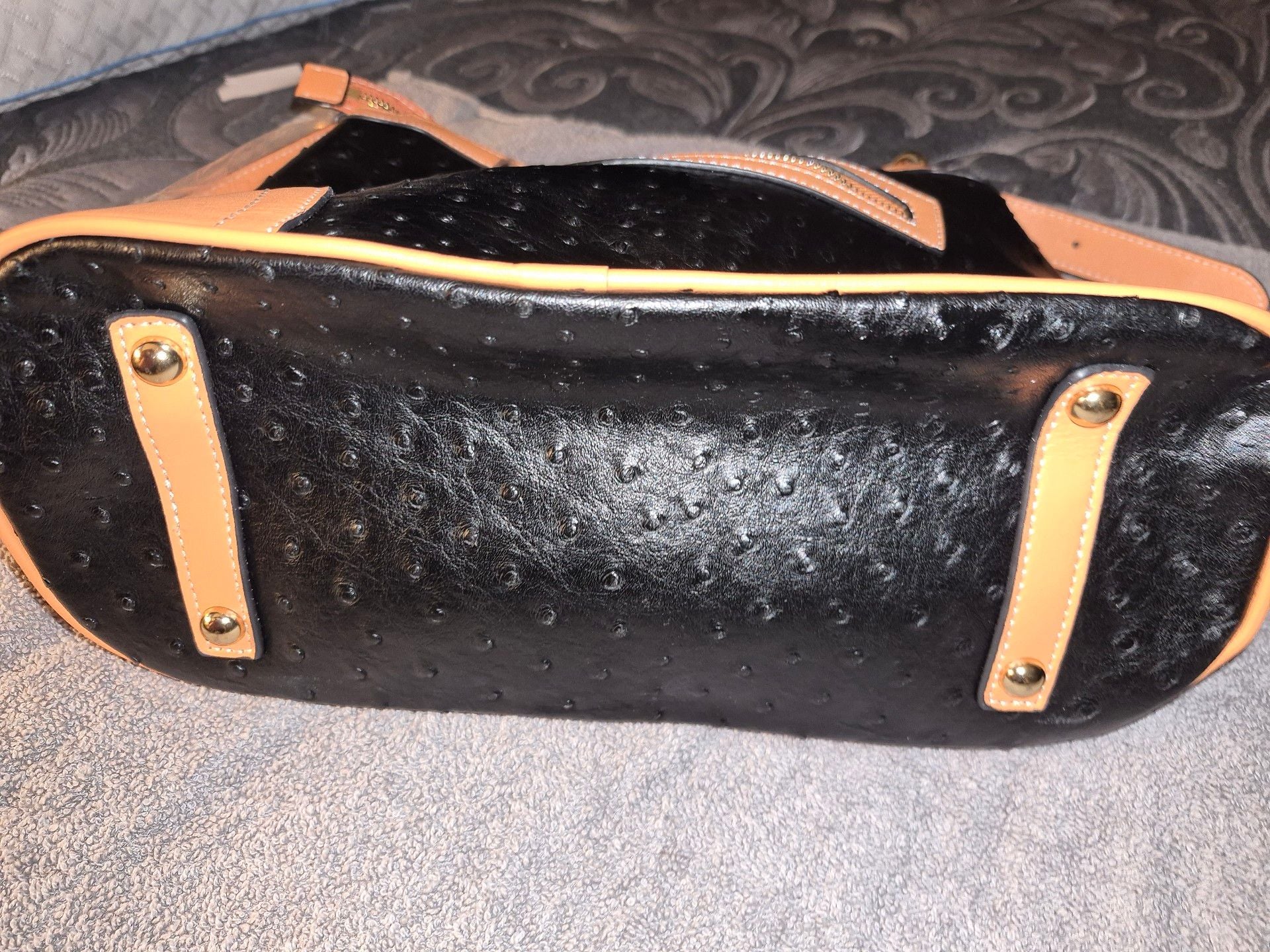 Dooney & Bourke Ostrich Crossbody Hobo Handbag Black Tan 4