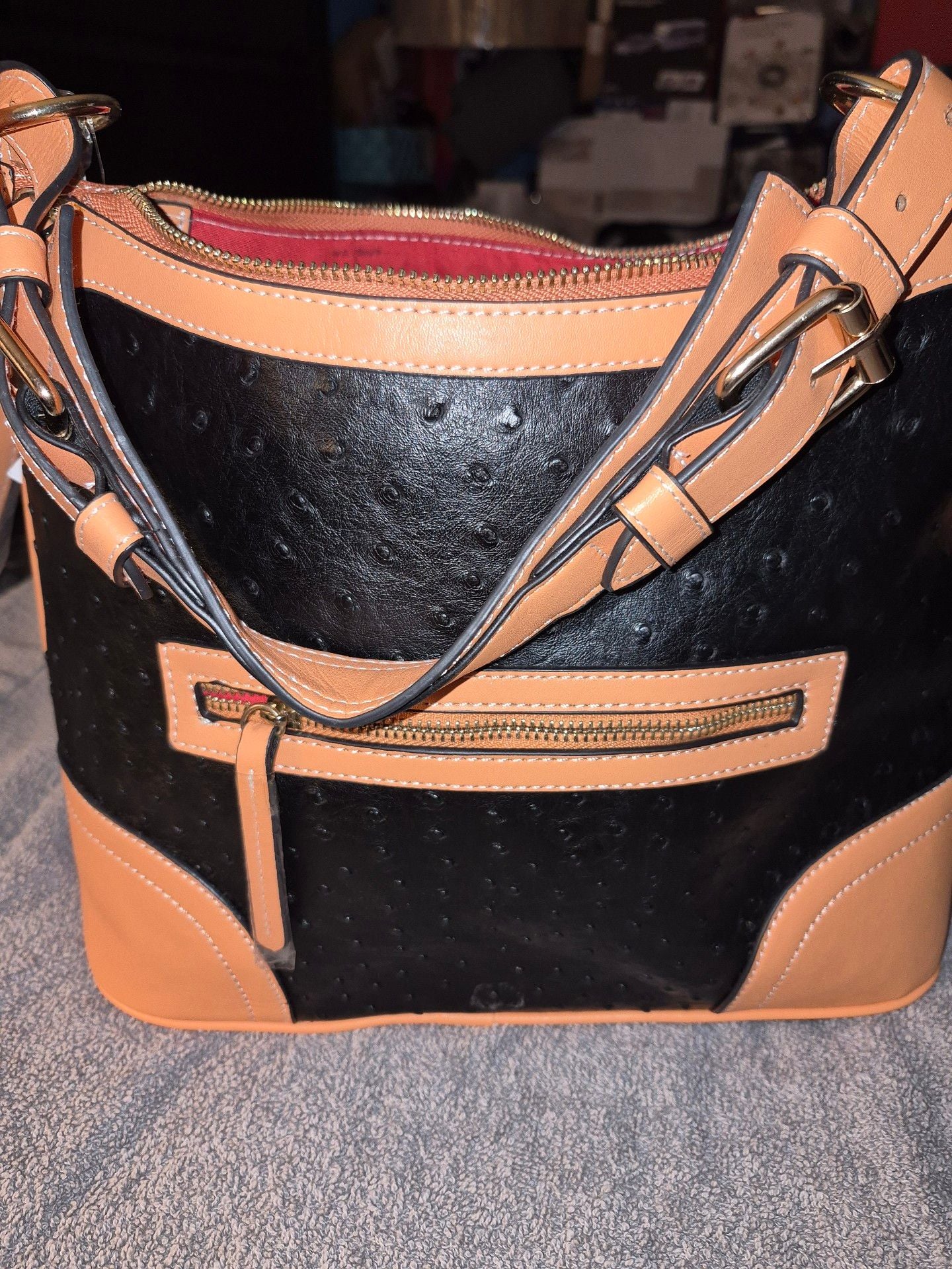 Dooney & Bourke Ostrich Crossbody Hobo Handbag Black Tan 5