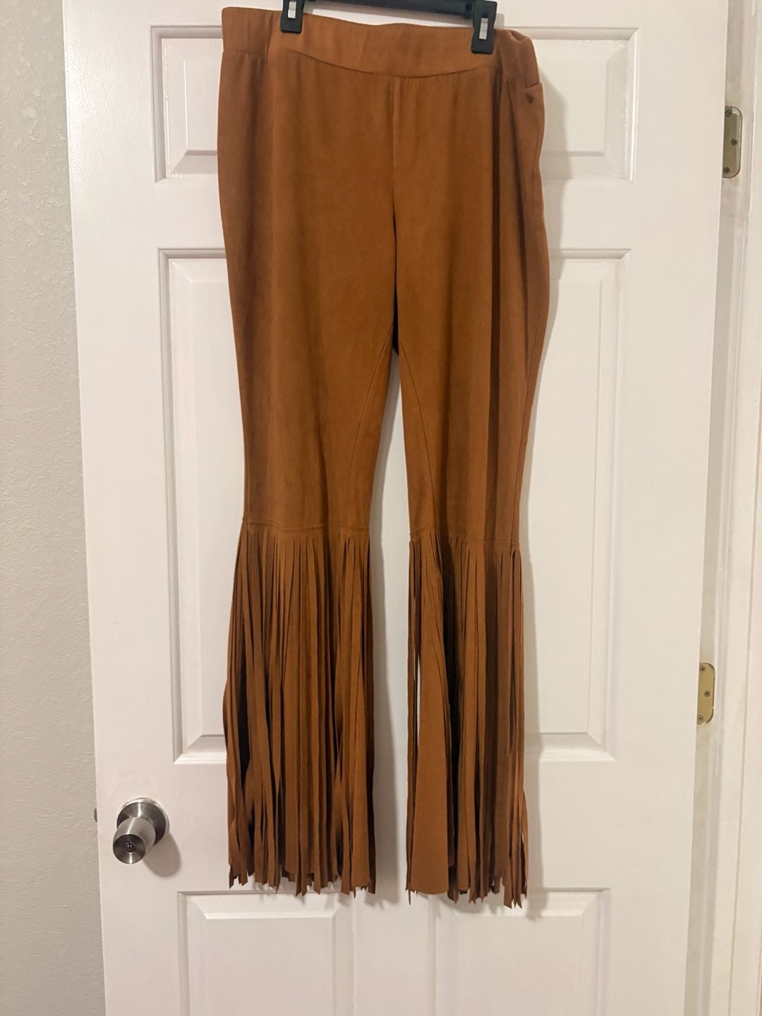W.A.Y Suede Fringe Bell Bottom Pants Size XL Brown Western Boho Flare Trousers 3