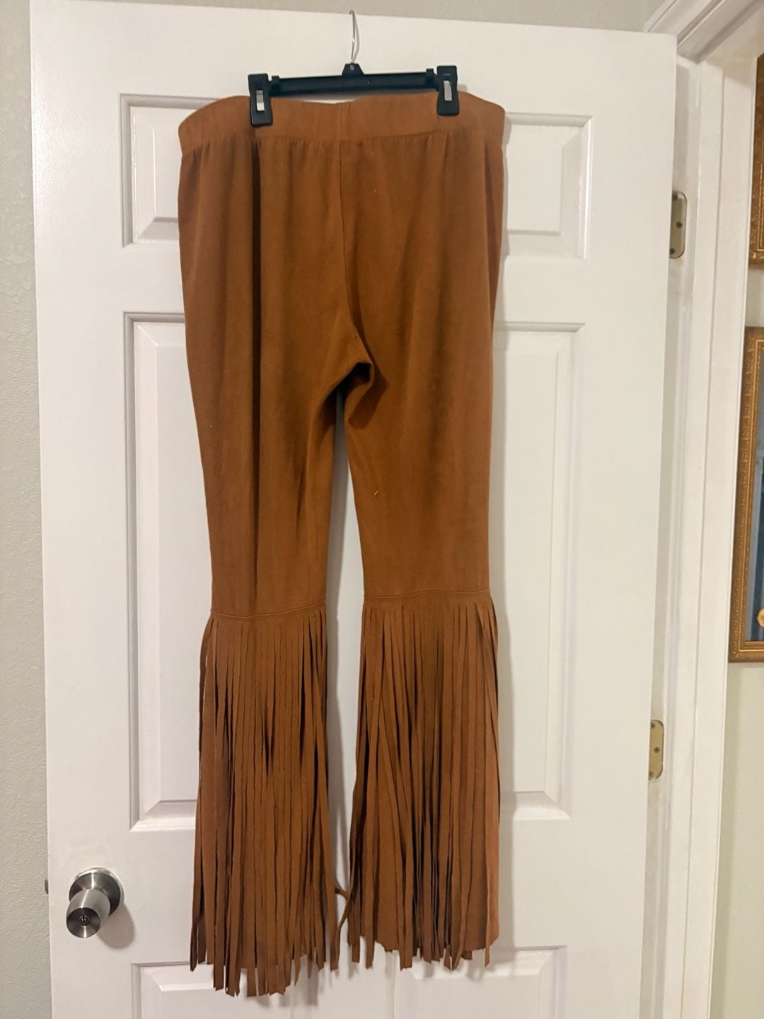 W.A.Y Suede Fringe Bell Bottom Pants Size XL Brown Western Boho Flare Trousers 6