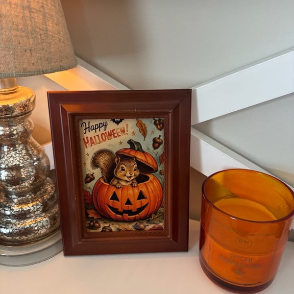 Happy Halloween Squirrel In Pumpkin Framed Art