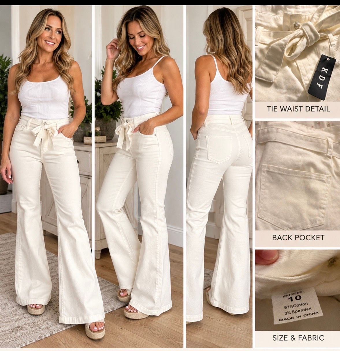 KDF Fashion Flare Jeans Size 10 White Tie Waist Bell Bottom 7