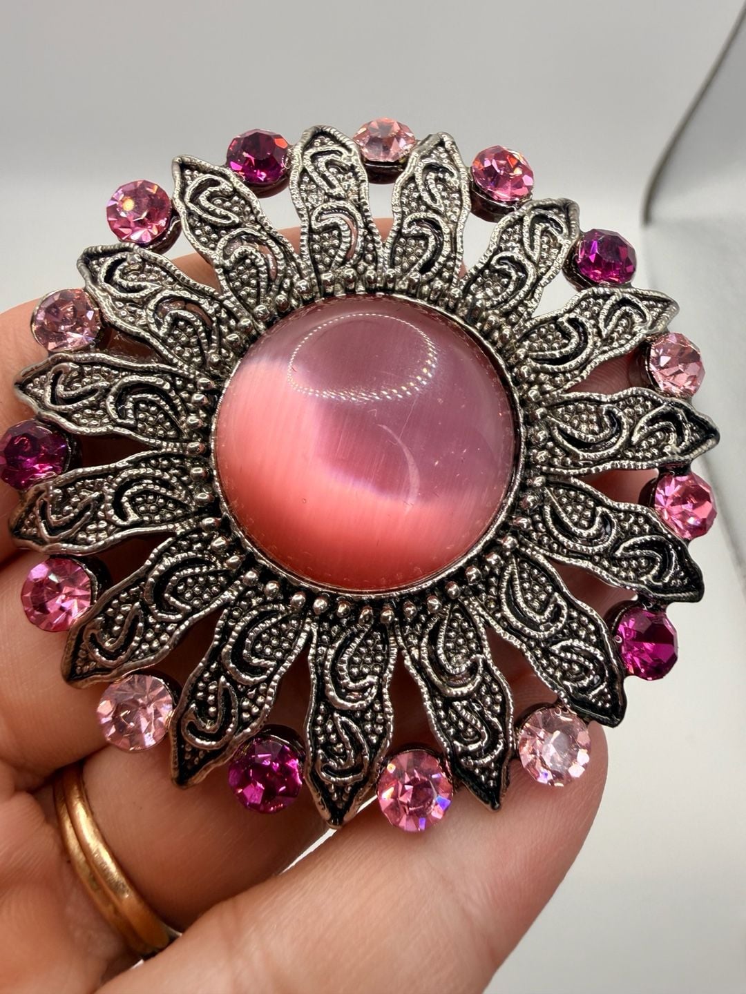 Vintage Silver Tone Pink Cabochon Rhinestone Brooch Pin 2